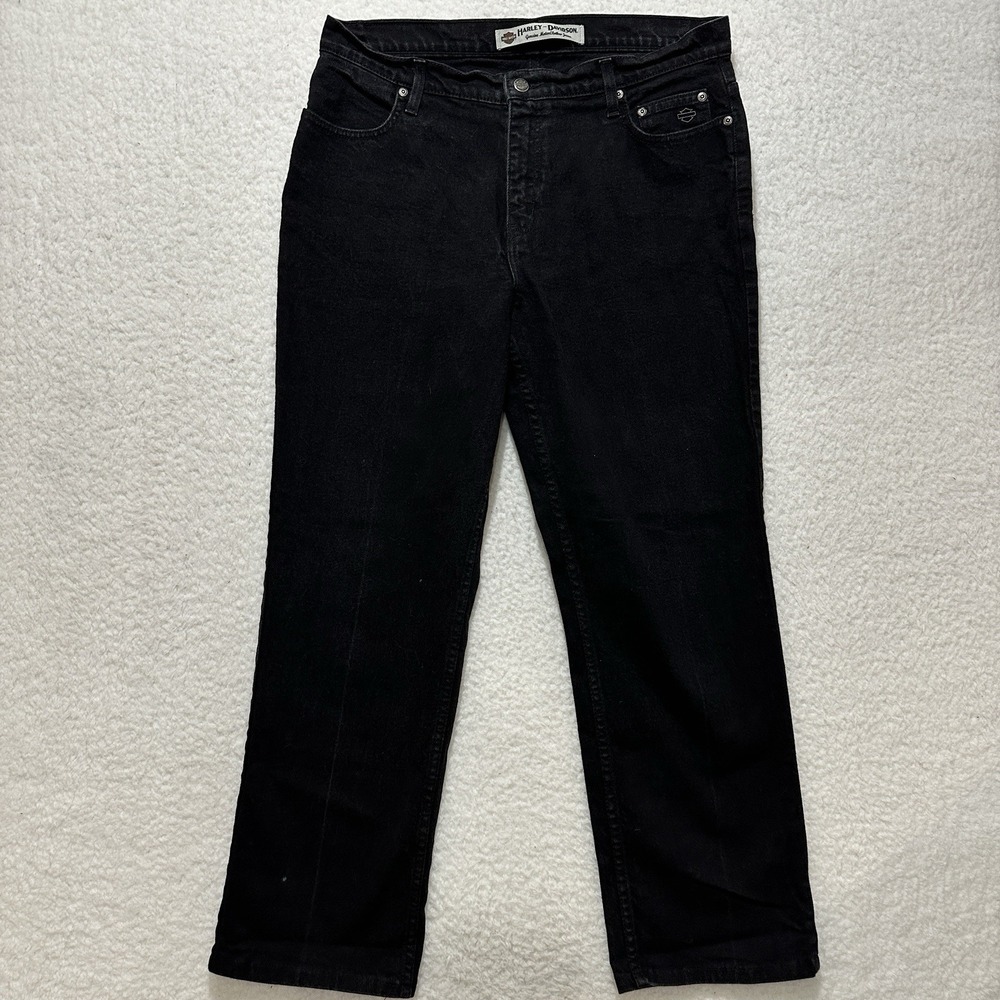 VTG Harley Davidson Womens Faded Black Denim Motorcycle Straight Leg Jeans Sz 14